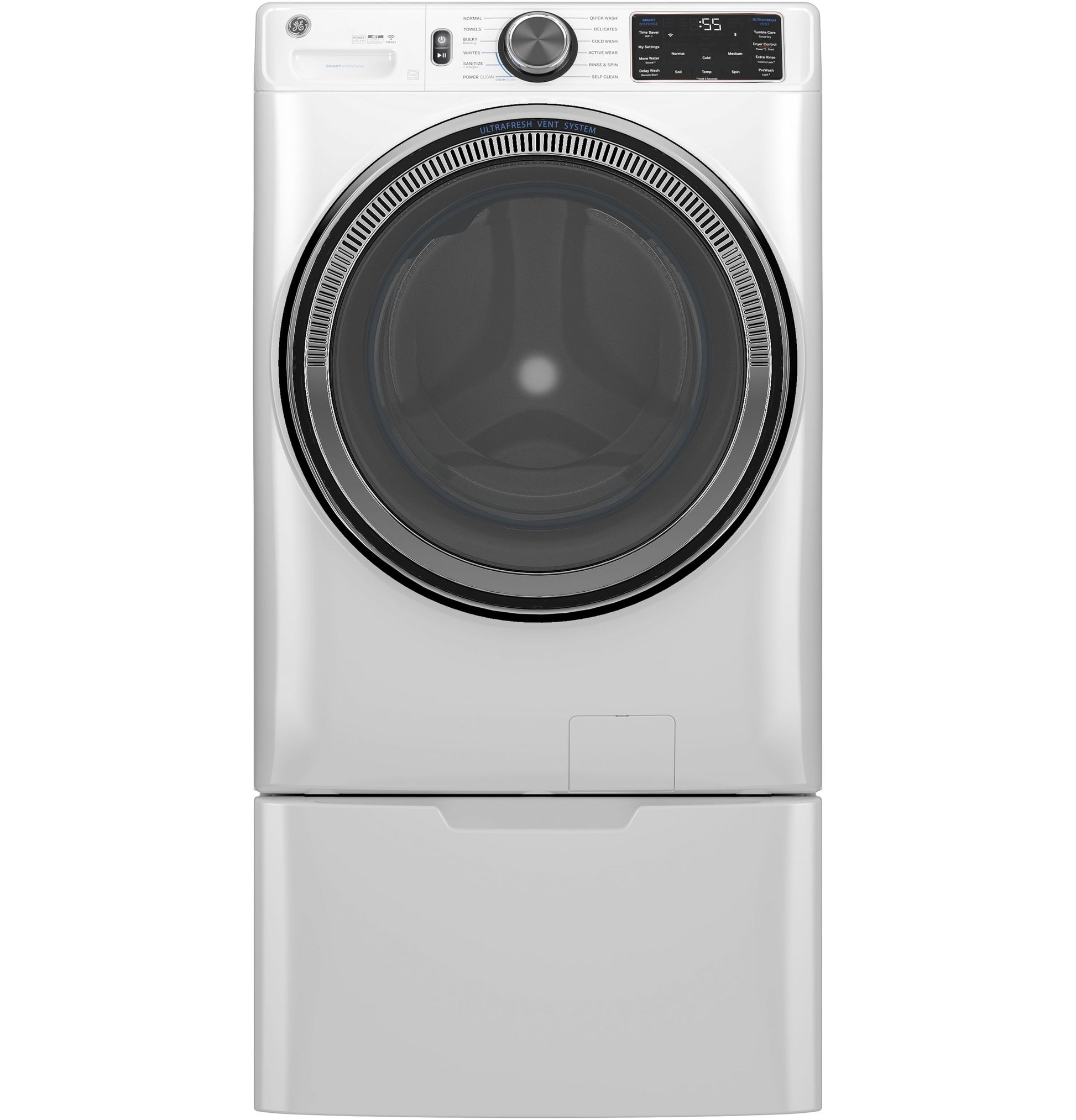 White smart front load steam washer with digital controls and large round door in Washers & Dryers collection