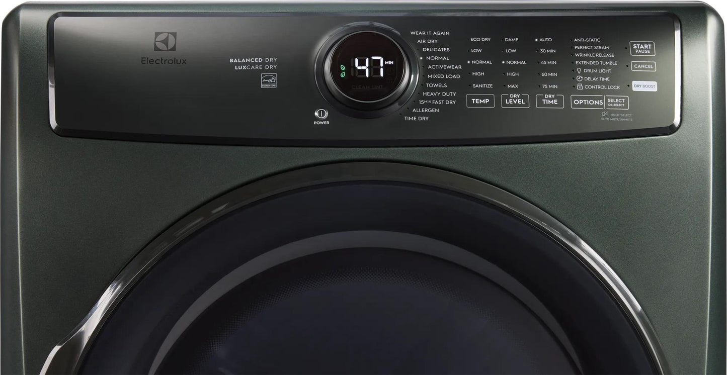 Dark finish front load gas dryer control panel with digital display for home appliances and gas dryers collections