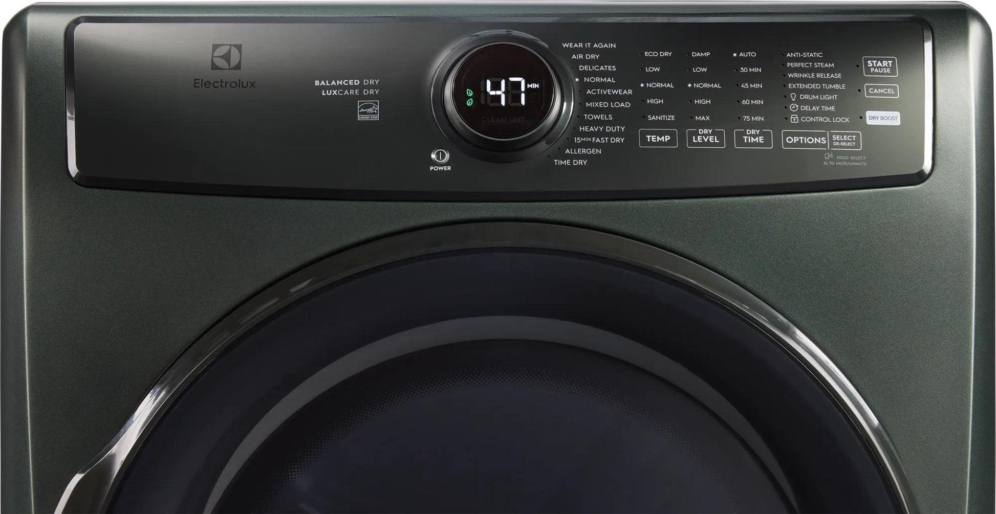 Dark finish front load gas dryer control panel with digital display for home appliances and gas dryers collections