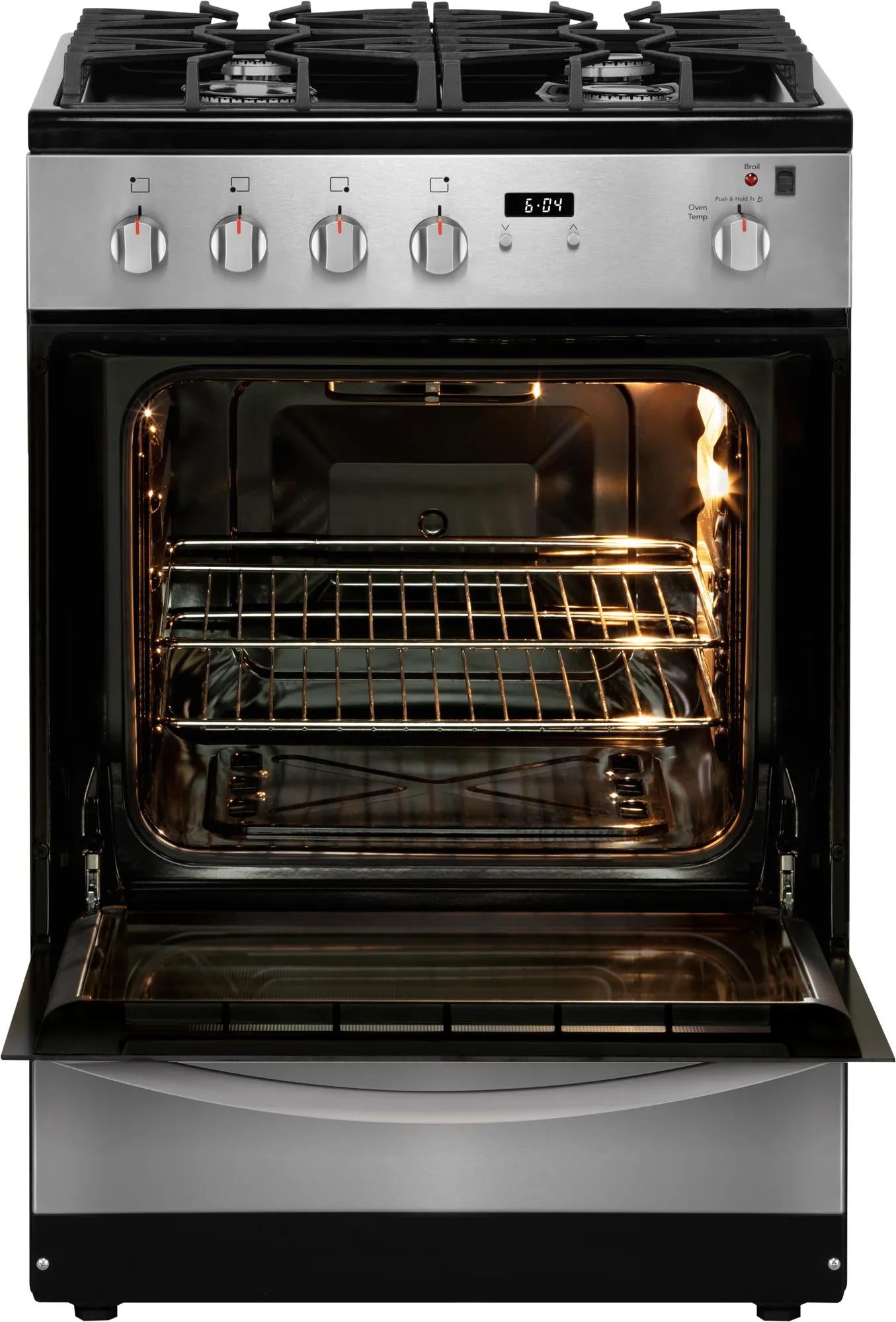 24-inch freestanding gas range with front controls, stainless steel finish, open oven with racks, in Ranges collection
