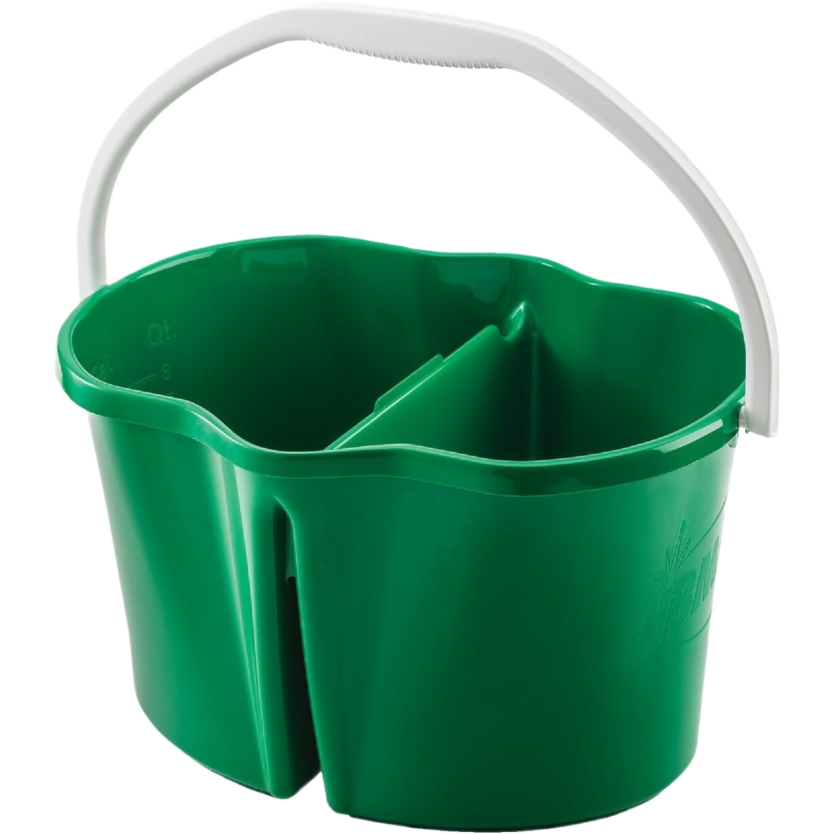 Green plastic divided bucket with white handle for cleaning tools in cleaning and home improvement collections