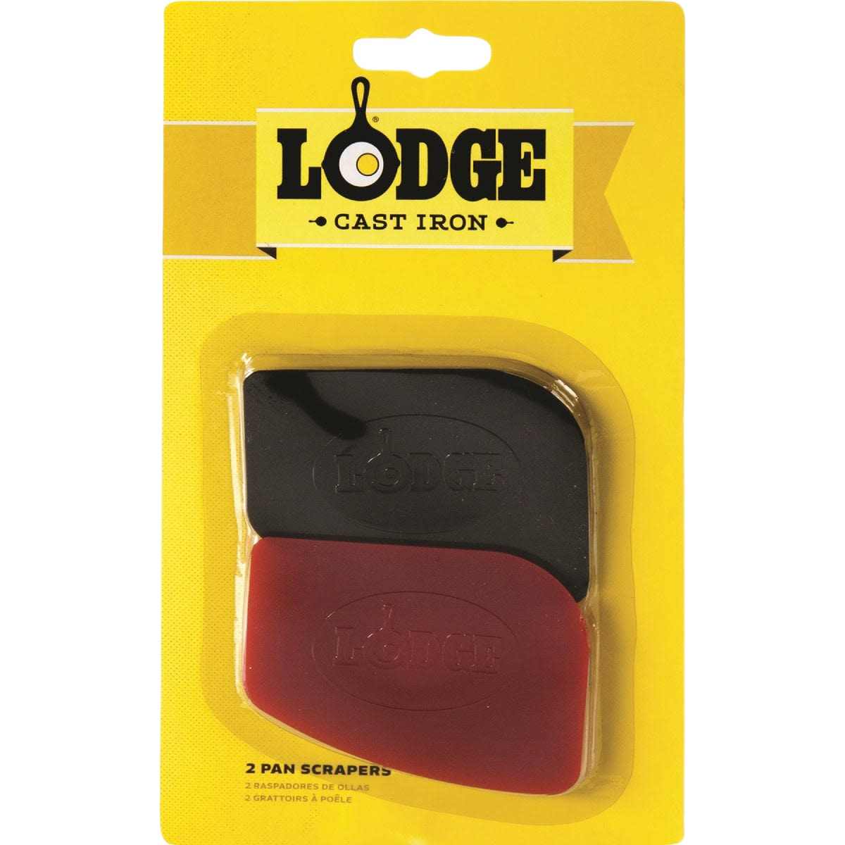 Two flexible pan scrapers in black and red silicone for cookware cleaning and home improvement tasks