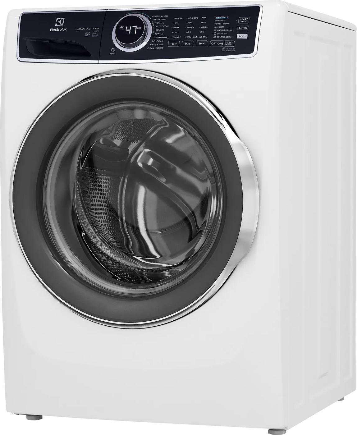 White front-load washer with digital controls and large glass door, part of front load washers and appliances collection