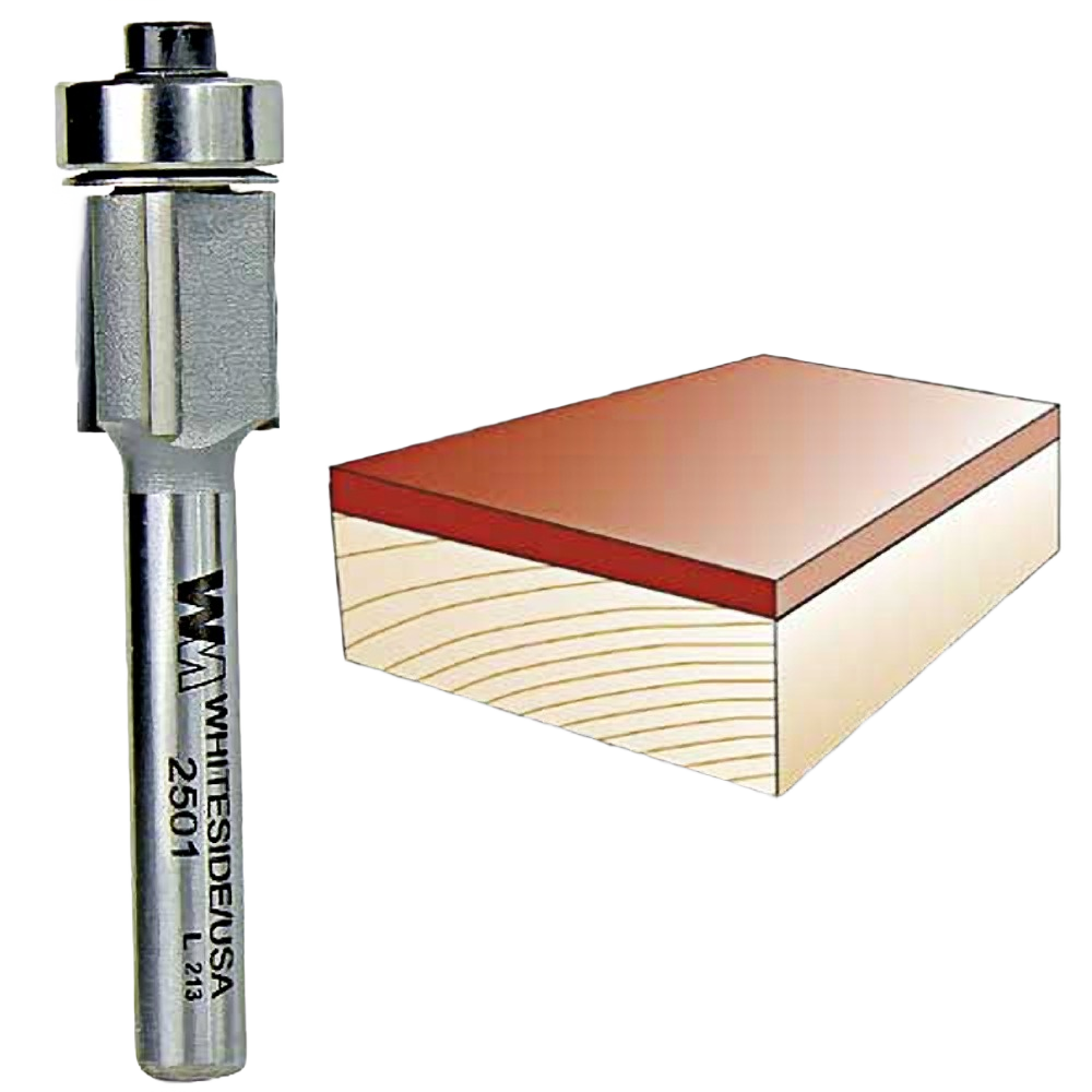 Three-flute flush trim router bit with bearing for smooth edge trimming on laminate surfaces in tool accessories collection