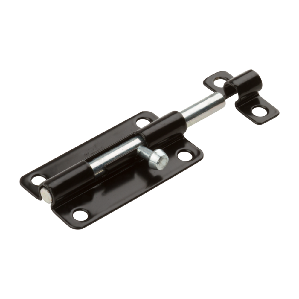 4-inch black steel door barrel bolt for secure locking of lightweight doors, cabinets, and gates in home improvement projects