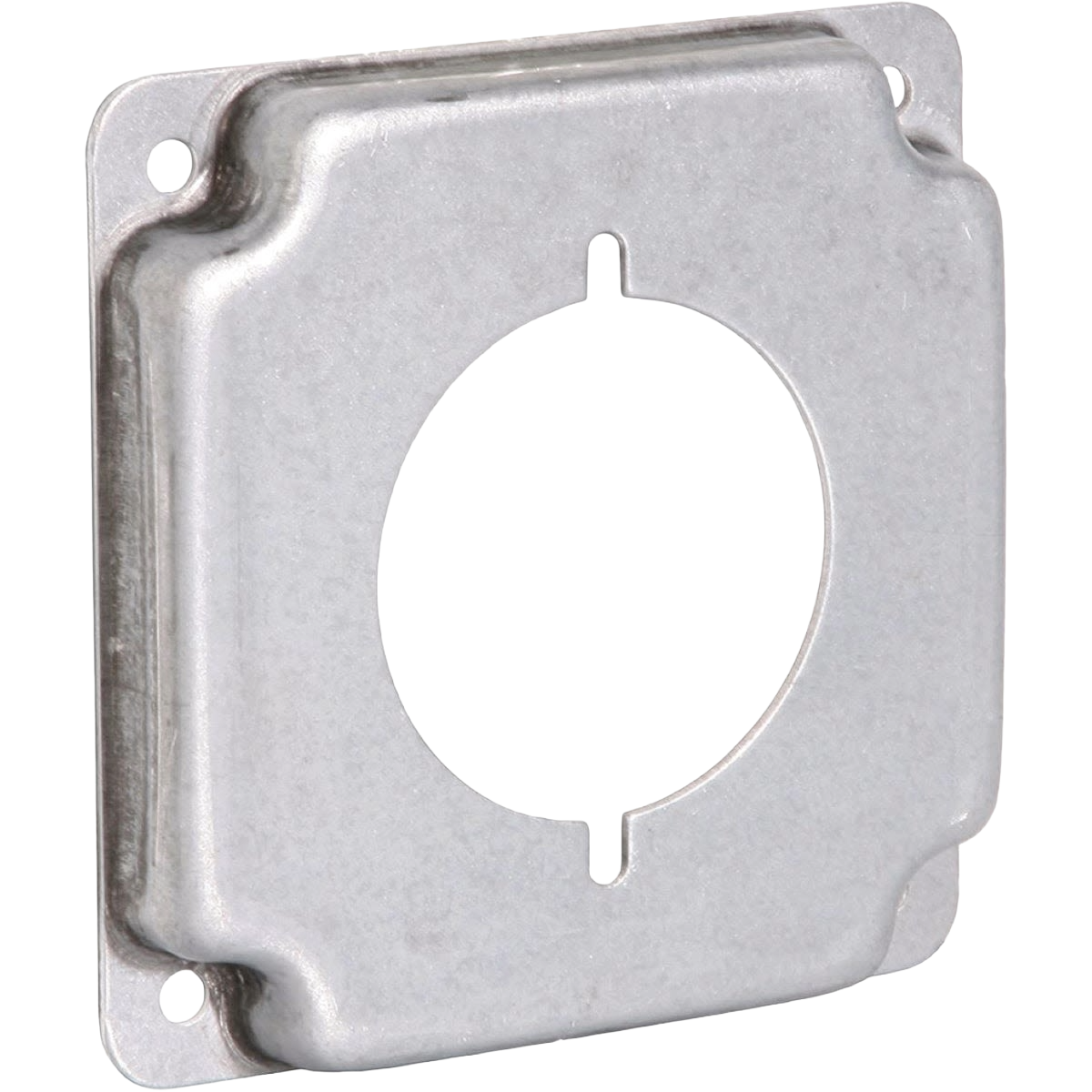 Square metal device cover with circular center opening for electrical boxes, part of boxes and brackets collection
