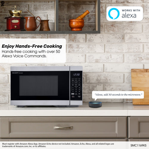 Smart stainless steel microwave oven with digital keypad on kitchen counter beside voice assistant device and cutting board