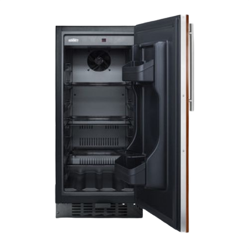 Compact 15-inch wide built-in ADA refrigerator with left side brushed steel handle, front ventilation, and black finish interior