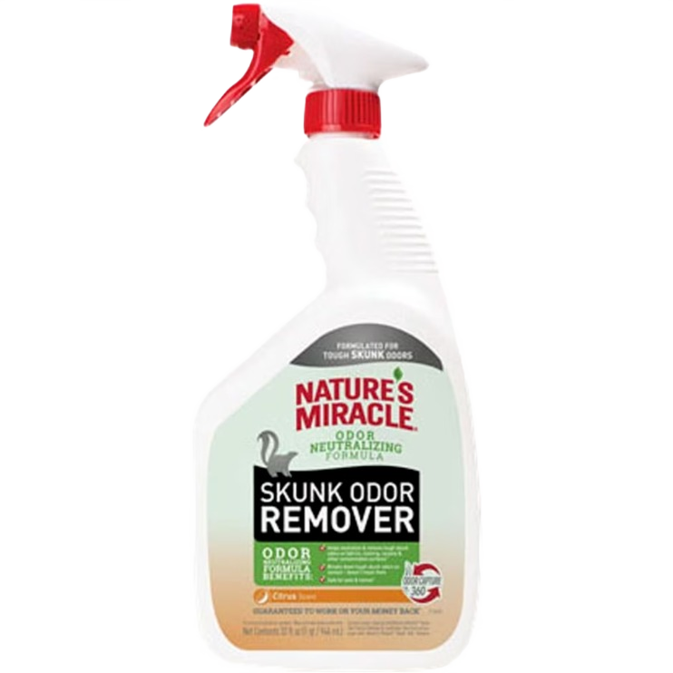 Spray bottle of Nature's Miracle Citrus formula for eliminating skunk odors in home and outdoor use
