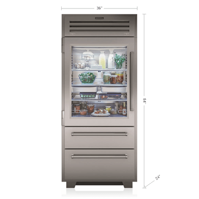 36-inch stainless steel refrigerator/freezer with glass door, right hinge, for kitchen and appliance collections
