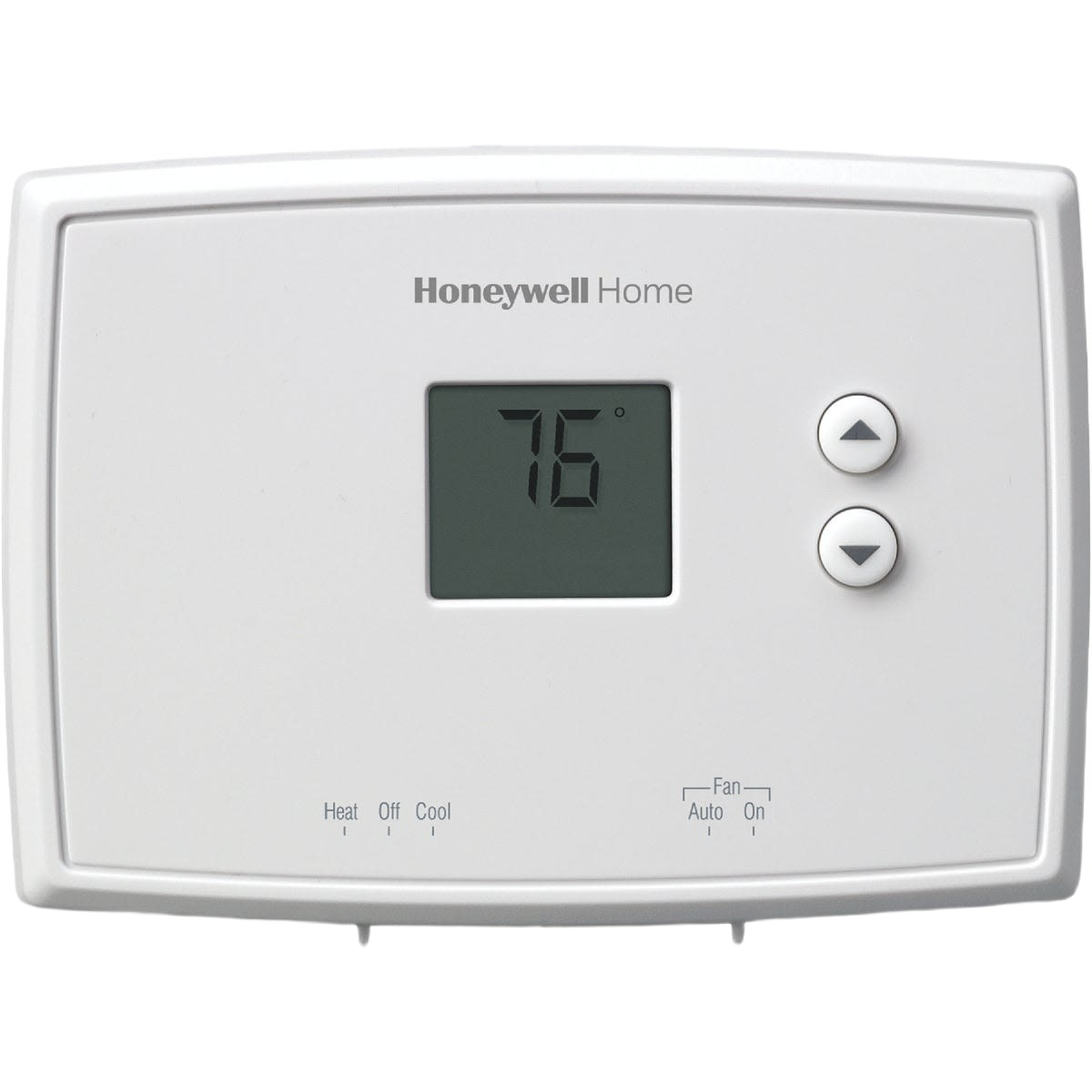 White digital thermostat with simple up/down controls and temperature display for home plumbing and HVAC tasks