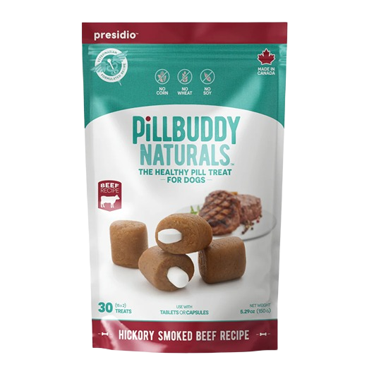 Bag of beef-flavored pill treats for dogs with no corn, wheat, or soy, featuring hickory smoked recipe