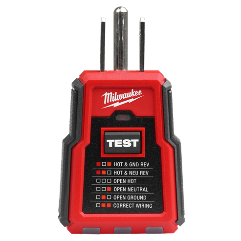 Red and black electrical tester with metal prongs and labeled test button for home improvement wiring diagnosis