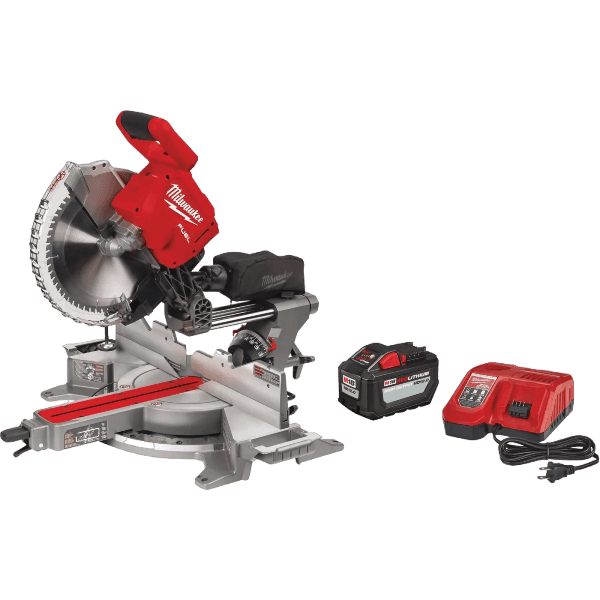 Red and silver cordless dual bevel compound miter saw with battery and charger for home improvement projects