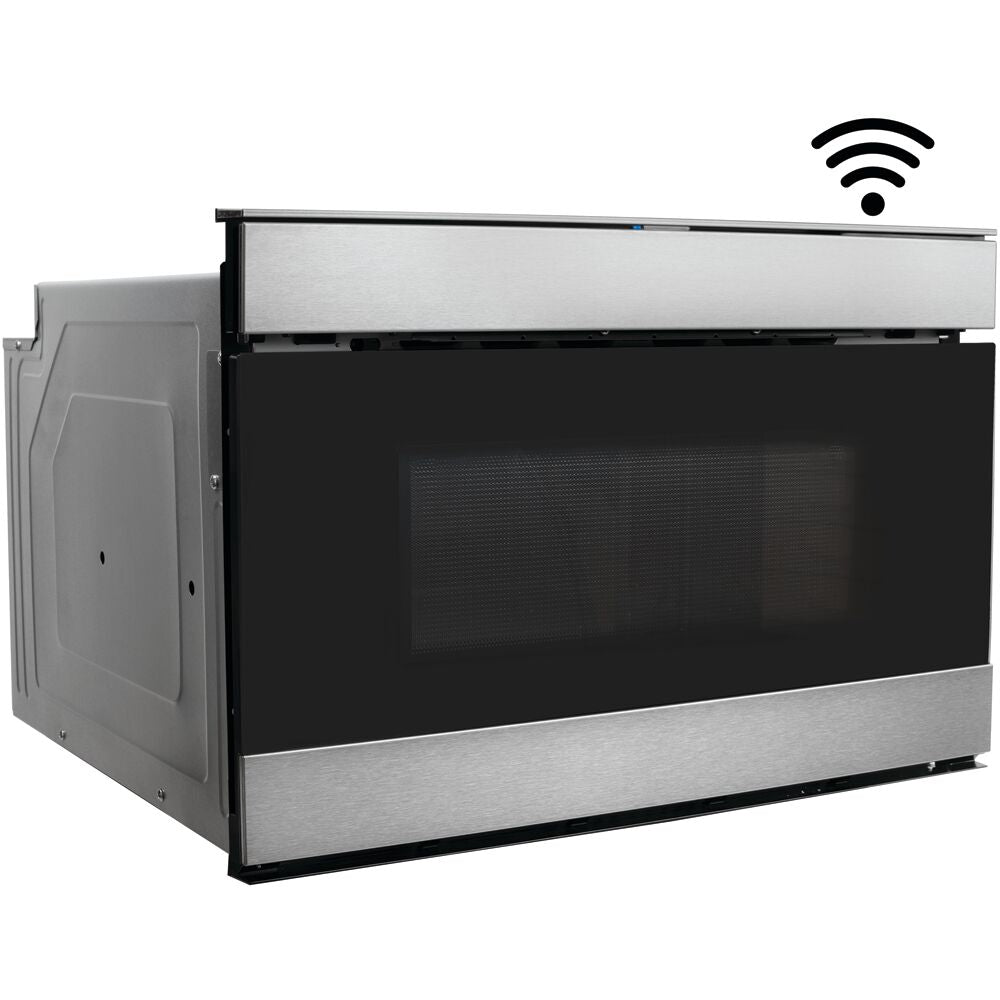 Built-in stainless steel flat panel microwave drawer with Wi-Fi connectivity and Easy Wave Open feature for modern kitchens