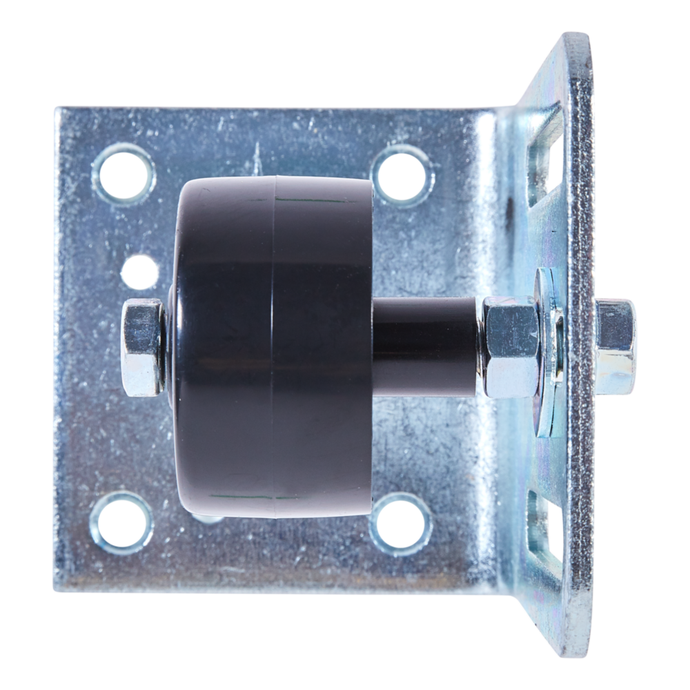 Galvanized steel barn door roller with adjustable mounting plate for sturdy door guiding in home improvement hardware collections