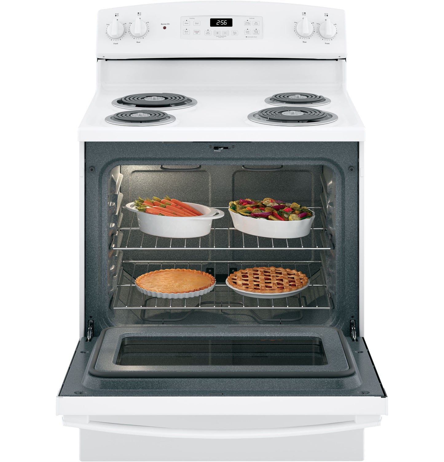 White free-standing electric range with four coil burners, control knobs, digital display, and open oven with food inside in ranges collection
