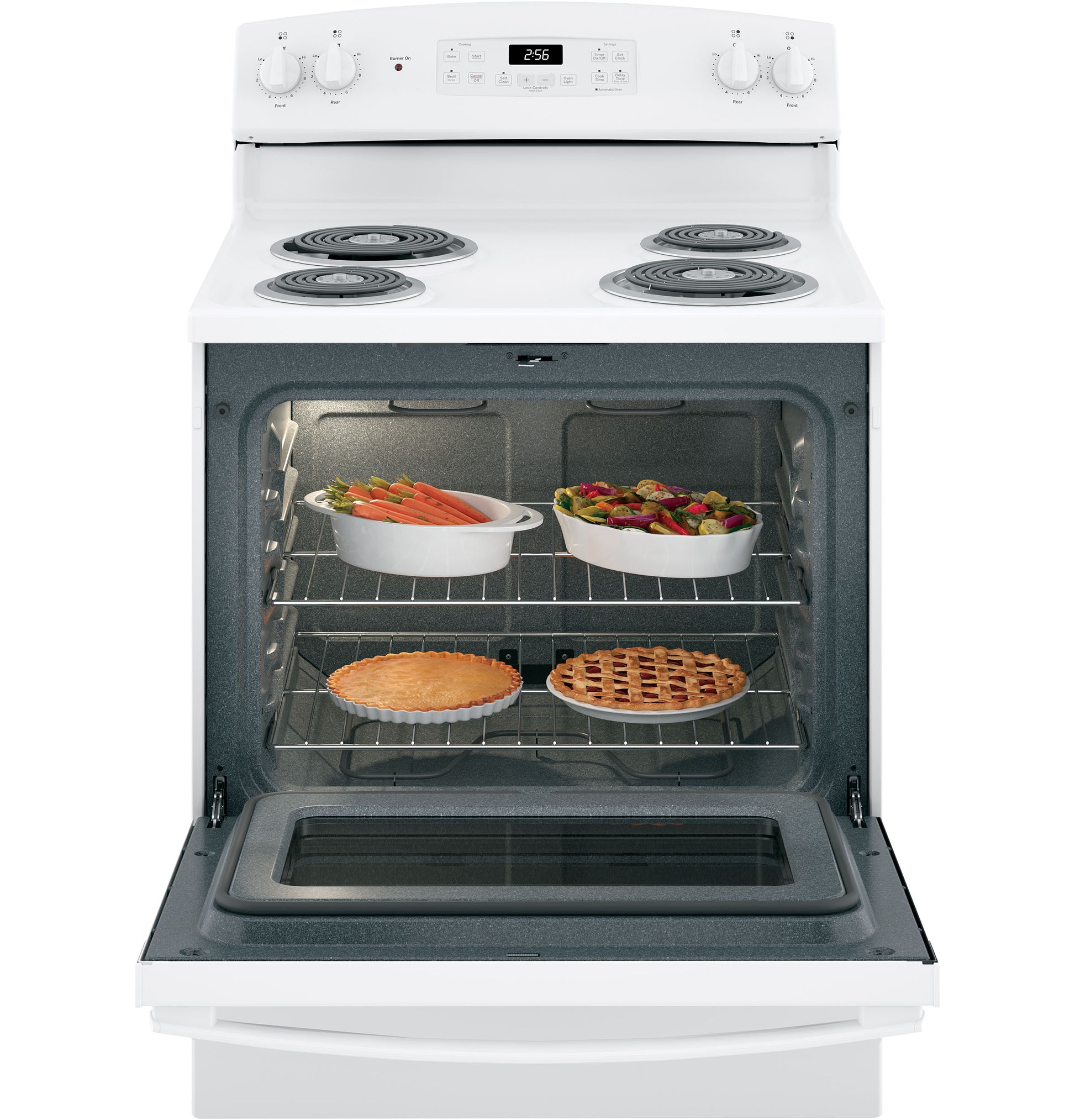 White free-standing electric range with four coil burners, control knobs, digital display, and open oven with food inside in ranges collection