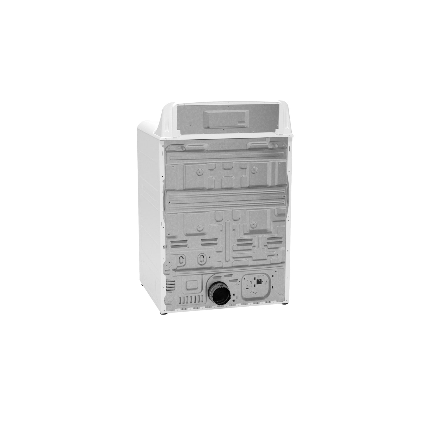 Rear view of white electric dryer showing vent connection and rear panel details from dryers and appliances collection