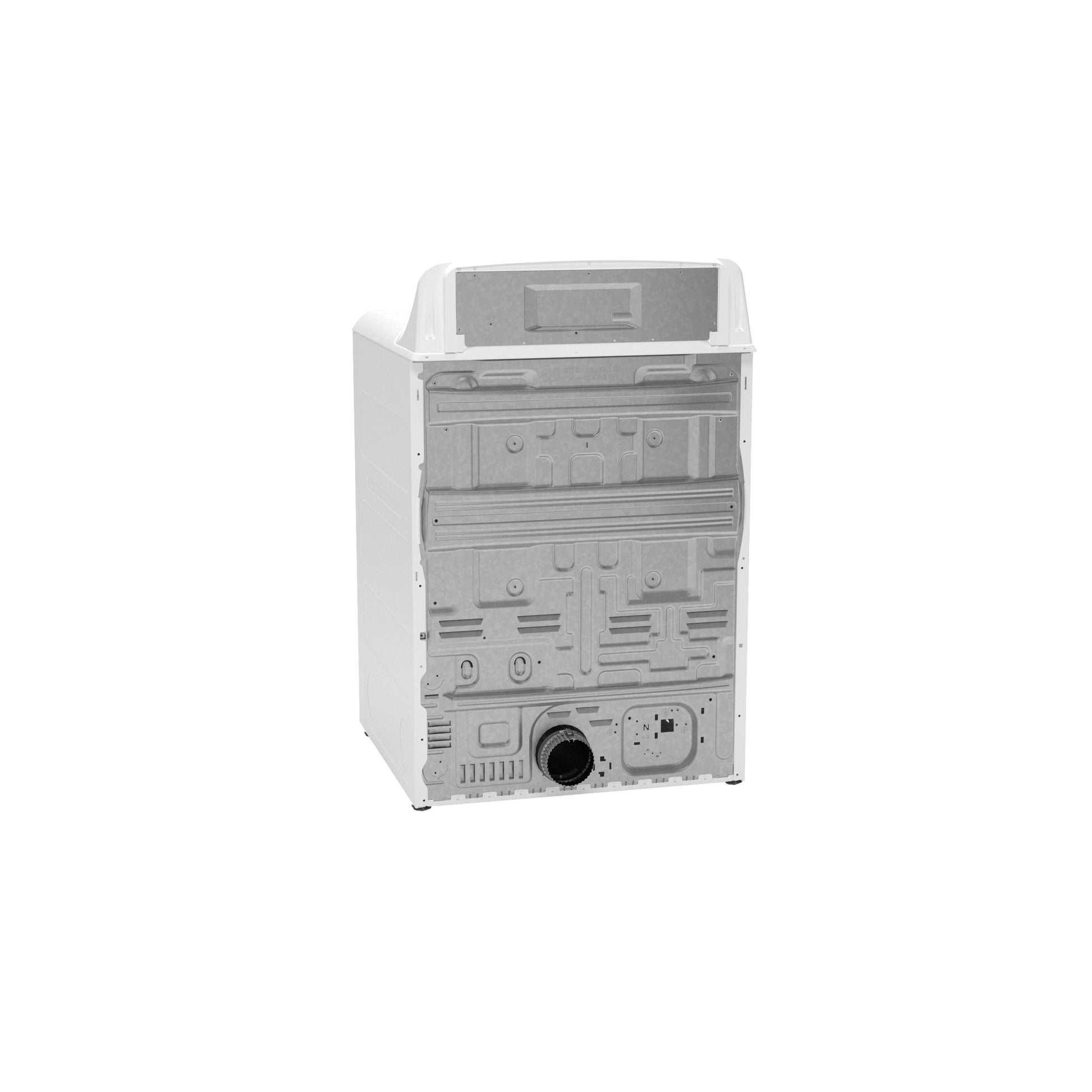 Rear view of white electric dryer showing vent connection and rear panel details from dryers and appliances collection