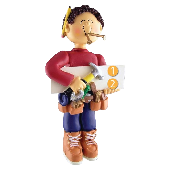 Brunette male carpenter ornament holding tool belt and wooden plank in Christmas Ornaments & Tree Decorations under 50 dollars