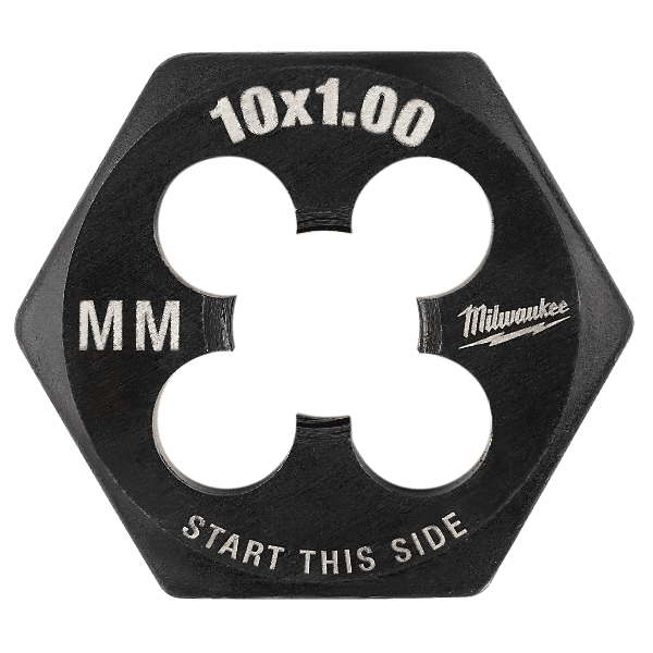 Black hex threading die with laser-etched metric sizing for precise external thread cutting in power tool accessories collection