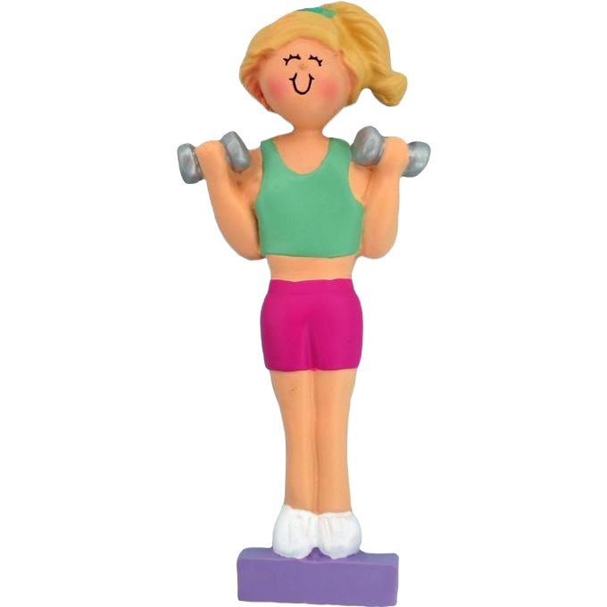 Blonde female weight lifter ornament in green top and pink shorts from Christmas Ornaments & Tree Decorations collection
