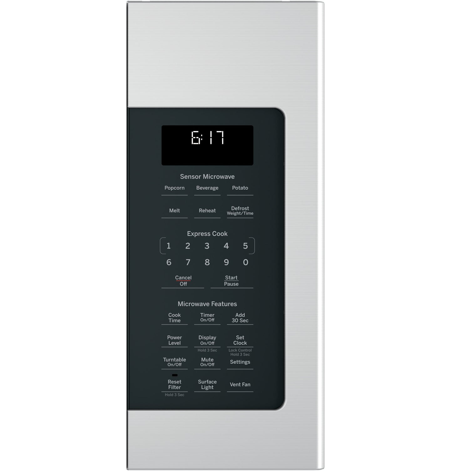 Close-up of stainless steel microwave control panel with digital display and sensor cooking options in appliances collection