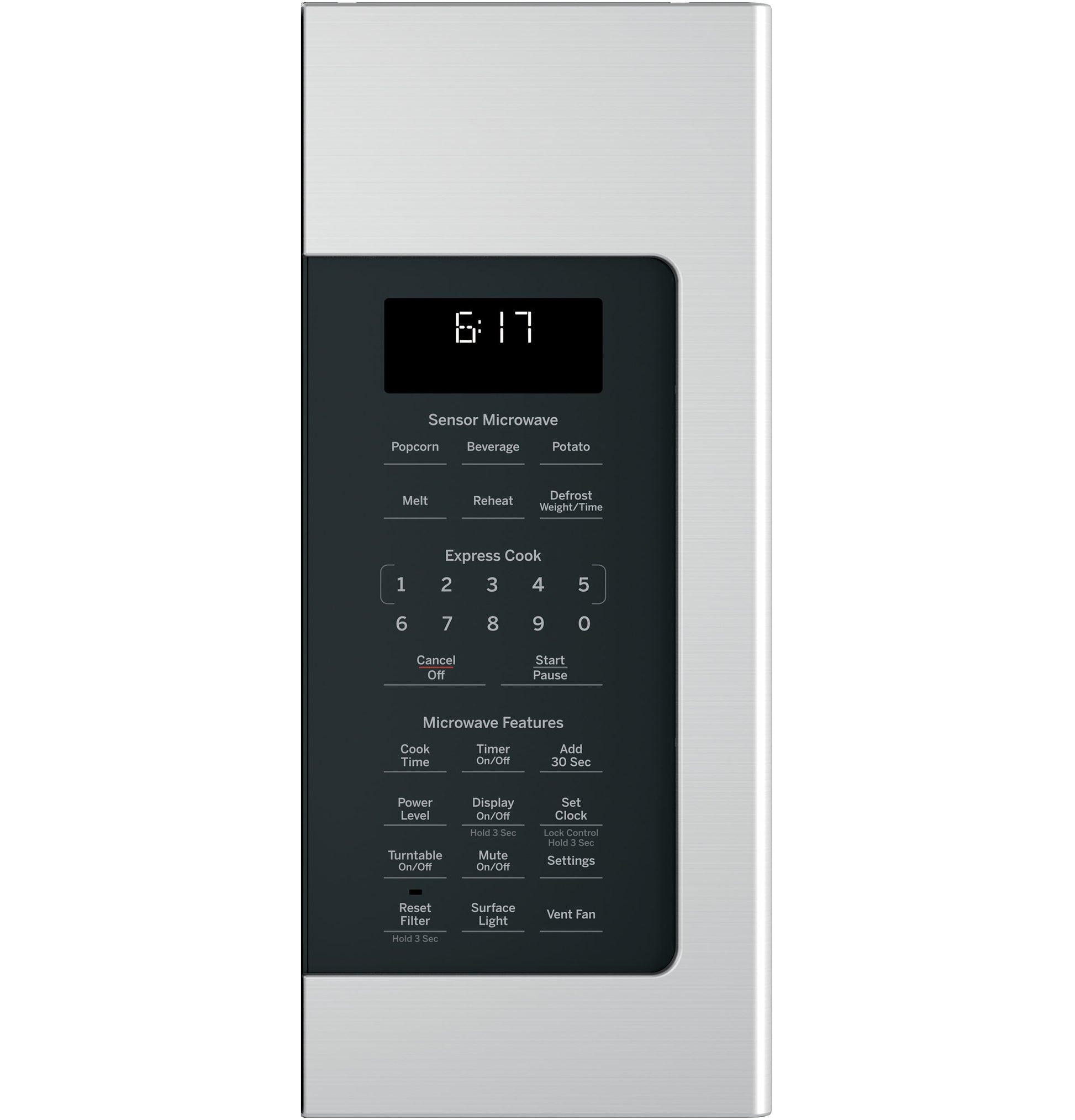 Close-up of stainless steel microwave control panel with digital display and sensor cooking options in appliances collection