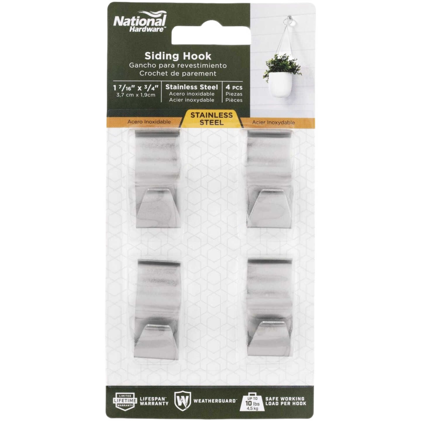 Four stainless steel siding hooks for hanging plants and decorations in lawn and garden settings