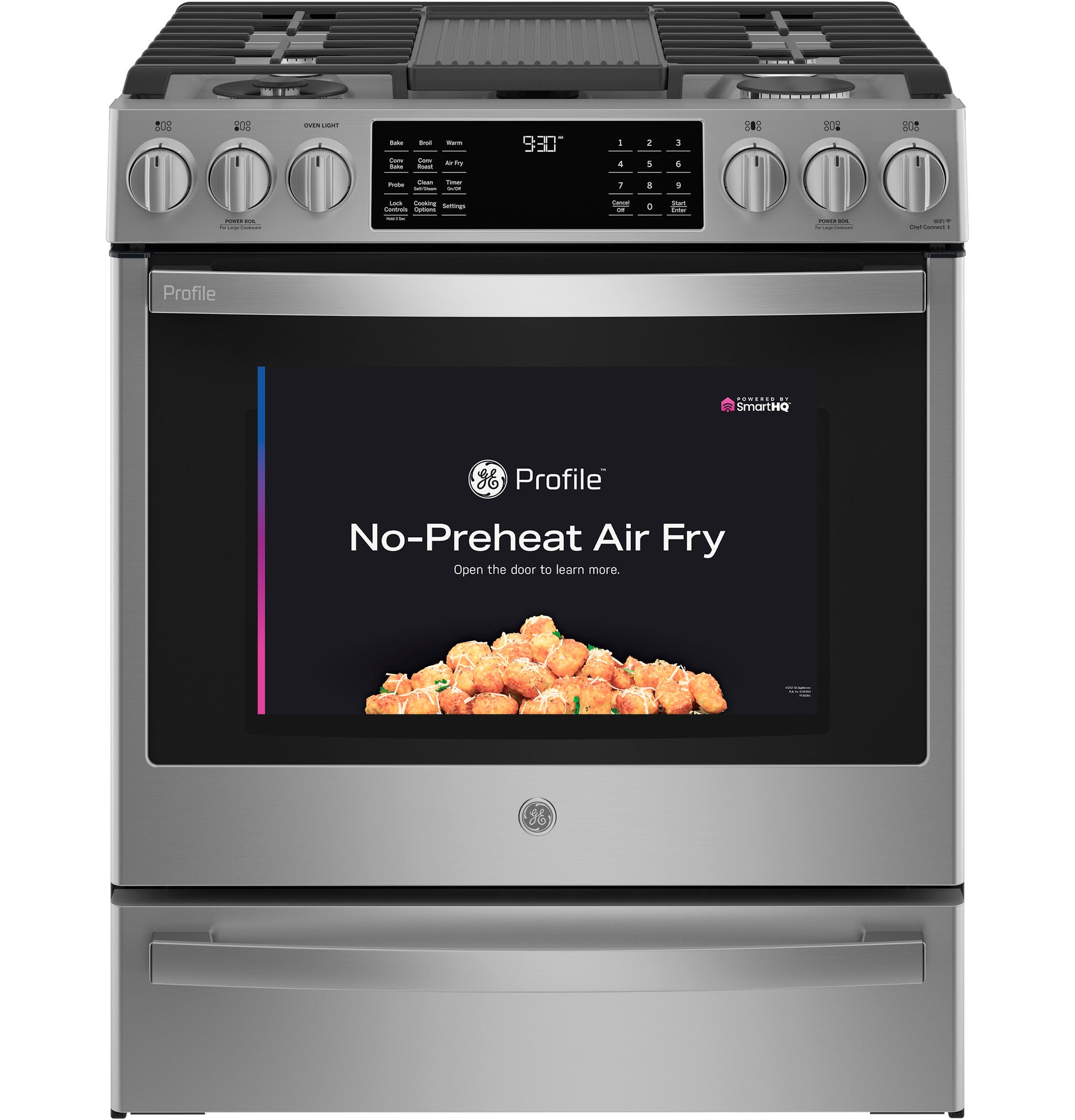 Fingerprint-resistant stainless steel front-control gas range with digital display and air fry features for kitchen appliances and home improvement