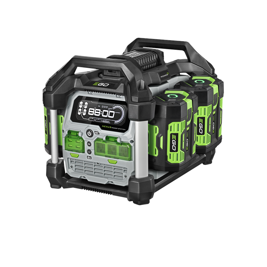 Black and green portable power station with two matching rechargeable batteries for home improvement and tool accessories collections
