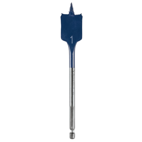 1-inch blue steel spade bit with threaded tip and hex shank for fast, clean holes in wood and home improvement projects