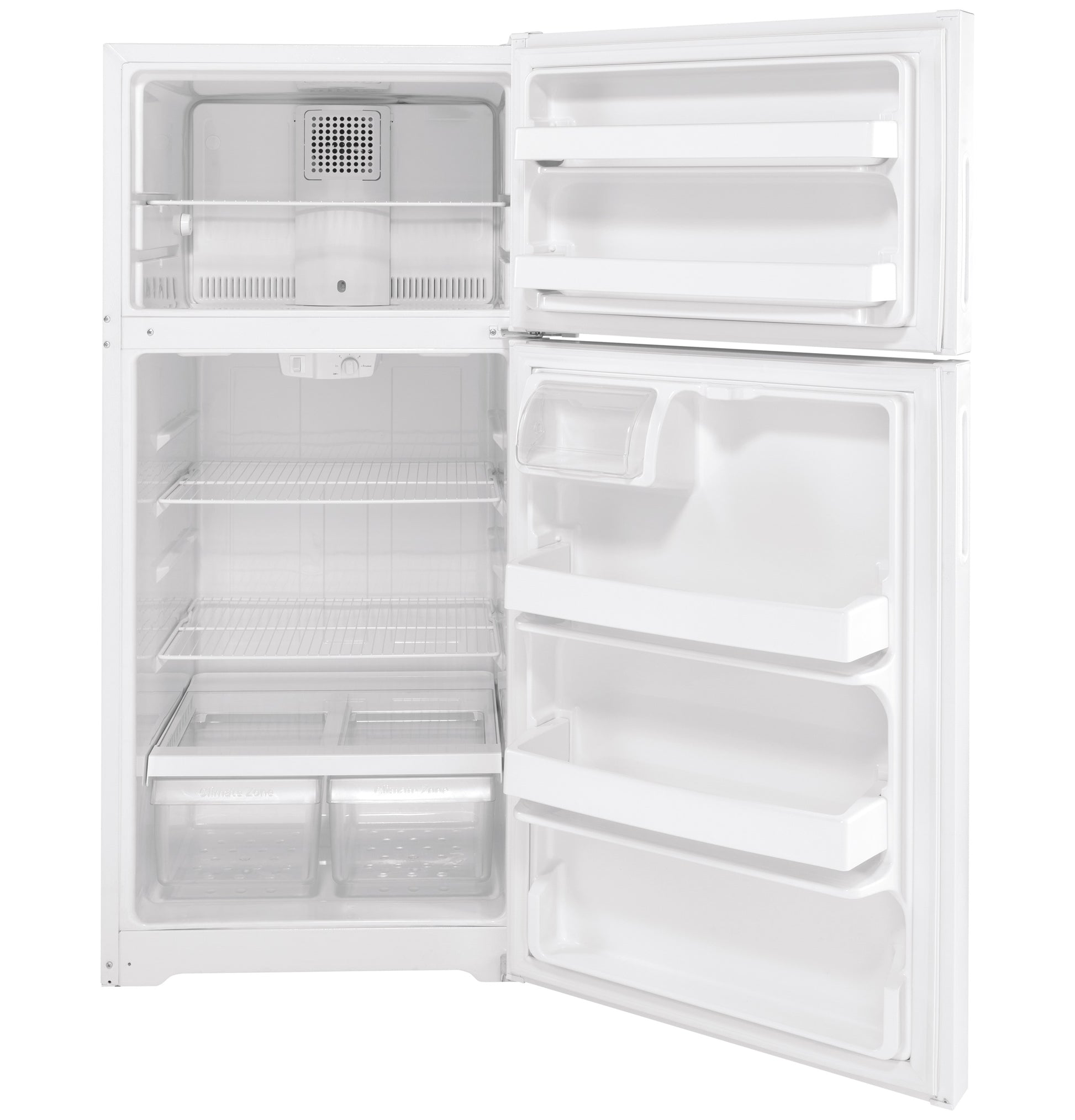 White top-freezer refrigerator with recessed handles open to show adjustable shelves and crispers in kitchen appliances collection