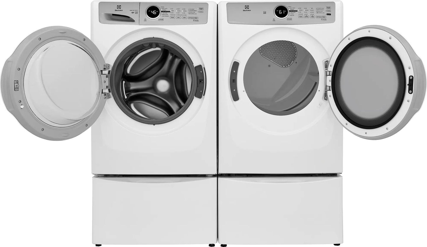 Pair of white front load washer and electric dryer units with open doors in laundry appliances collection