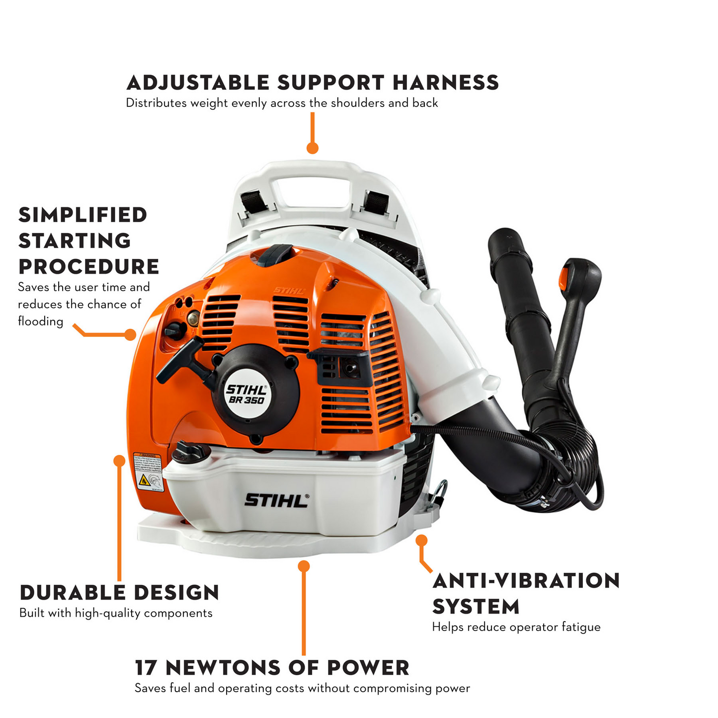 Orange and white backpack blower with ergonomic harness and anti-vibration system for efficient outdoor leaf and debris removal