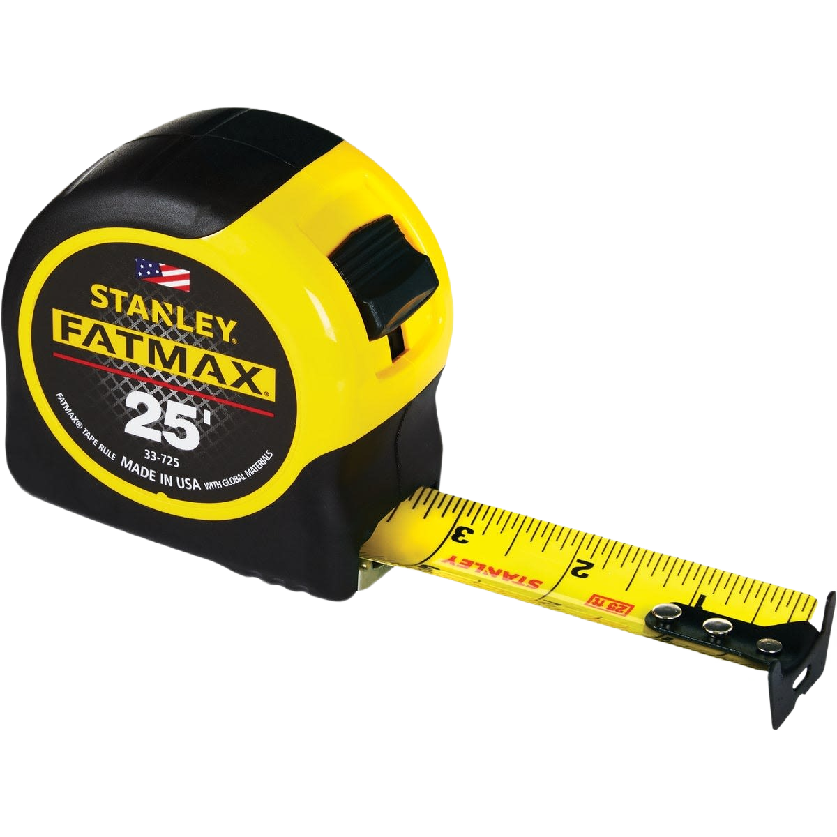 Yellow and black 25 ft tape measure from Stanley FATMAX with clear markings for woodworking and home improvement projects