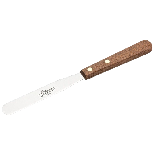 Icing spatula with a smooth metal blade and wooden handle designed for baking and decorating tasks