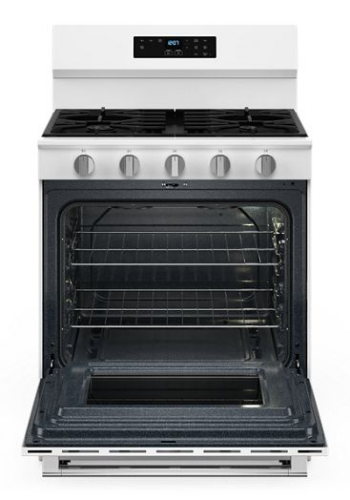 White 30-inch gas range with open oven door, five control knobs, and digital display for kitchen and home improvement use