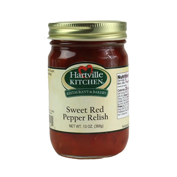 Glass jar of Hartville Kitchen Sweet Red Pepper Relish with gold lid in preserved goods and food collections