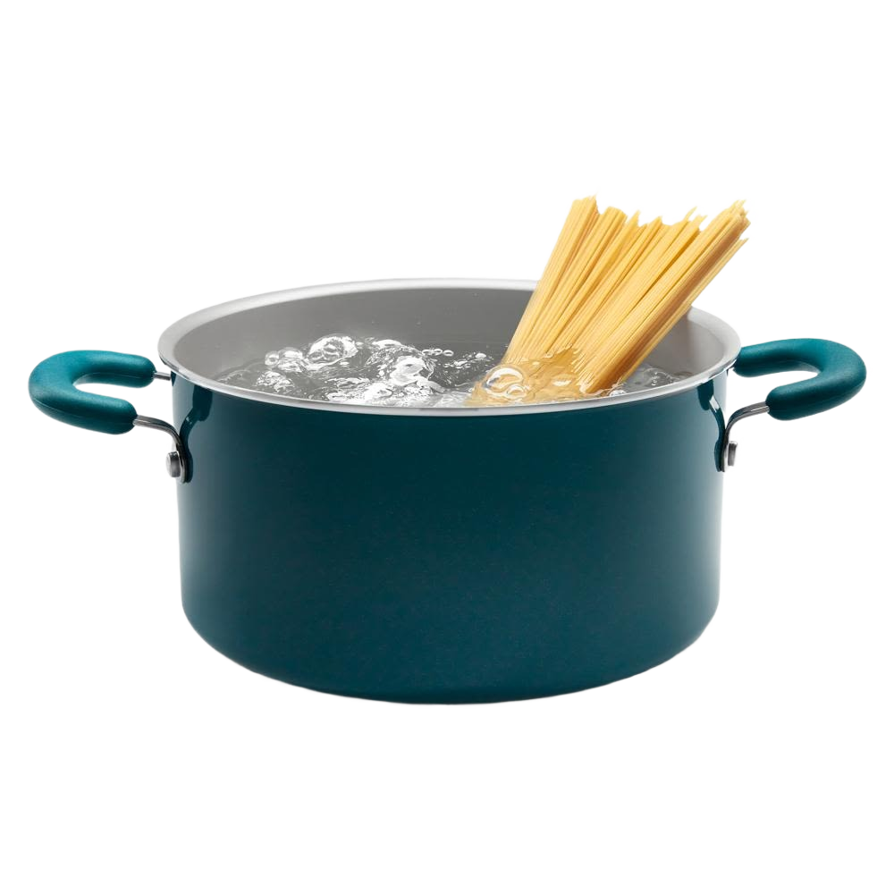 Large teal cooking pot with side handles boiling water and uncooked spaghetti in a kitchen setting