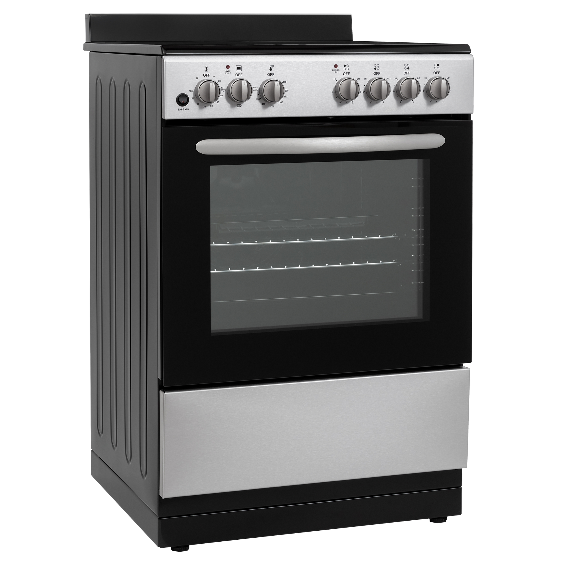 Compact freestanding electric range with stainless steel front, glass oven door, and control knobs in kitchen appliance setting