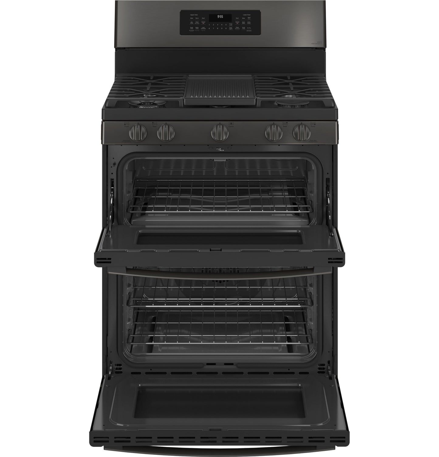 Open view of black free-standing gas range with double ovens, convection, air fry, and six burners in kitchen appliances collection