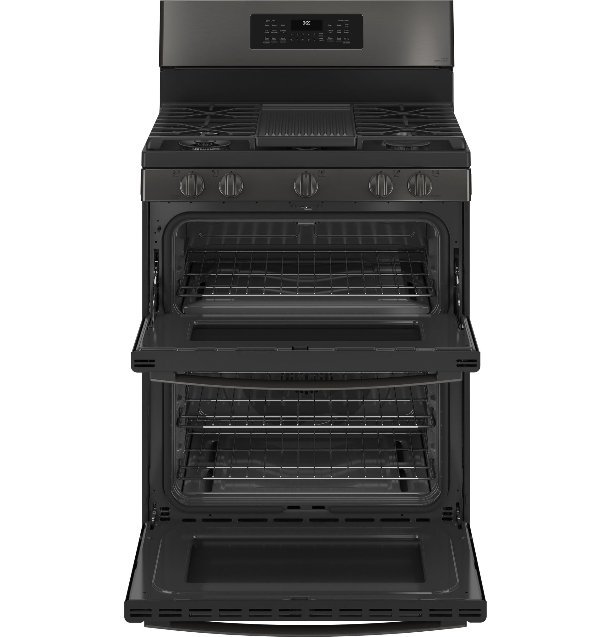 Open view of black free-standing gas range with double ovens, convection, air fry, and six burners in kitchen appliances collection