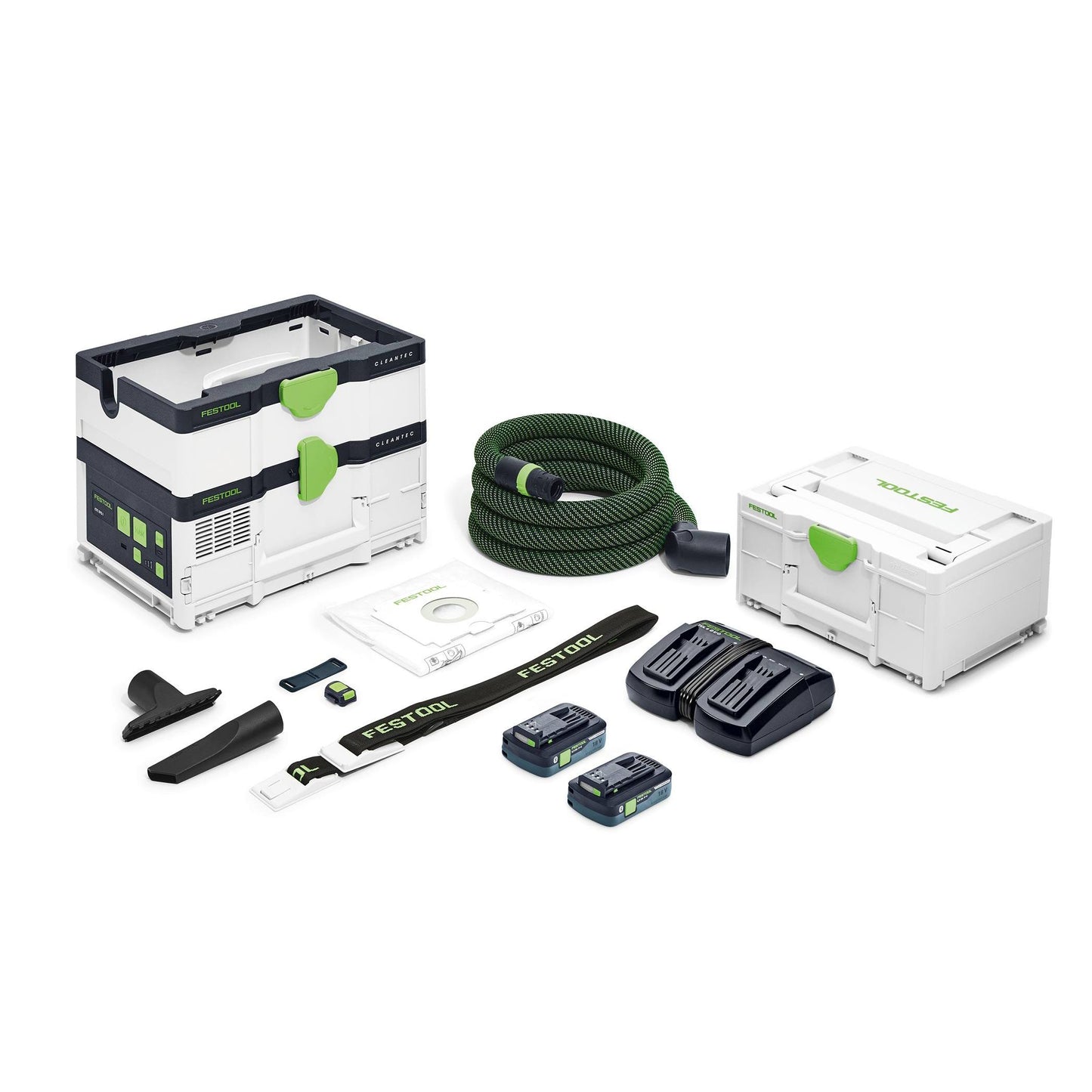 Cordless mobile dust extractor kit with HEPA-Plus filtration, hose, batteries, charger, and storage boxes for woodworking tools