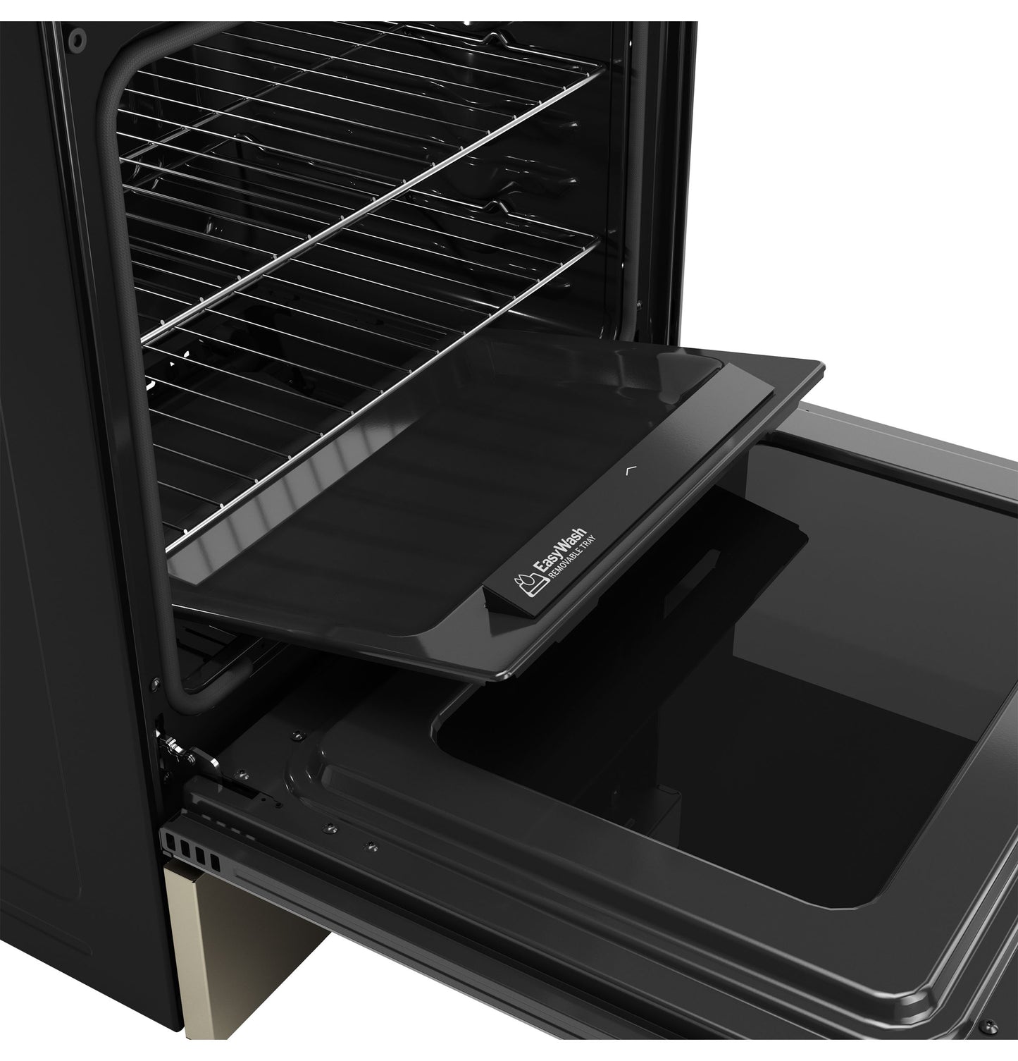Open black gas convection oven door with EasyWash™ oven tray and two wire racks inside kitchen appliance setting