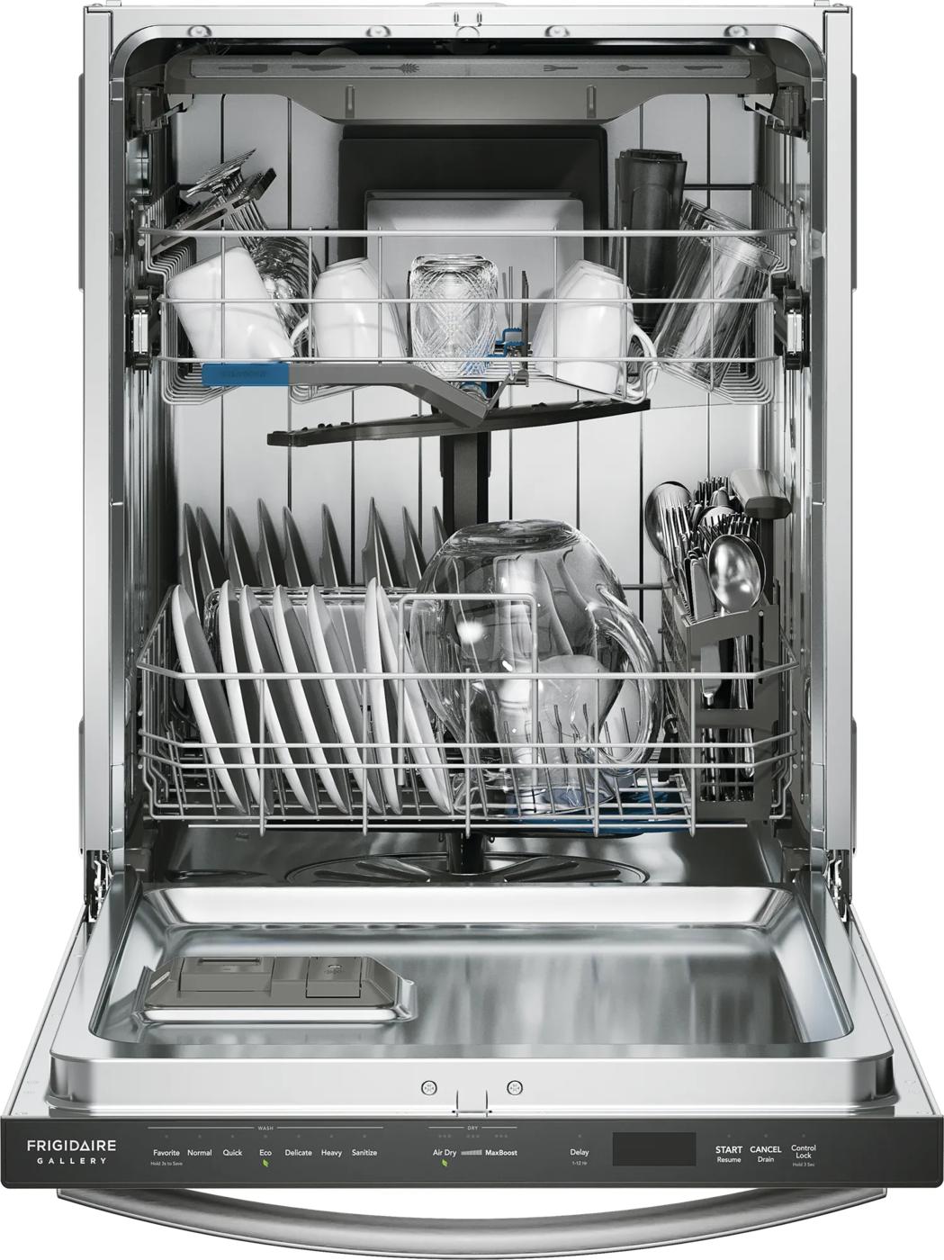 Open stainless steel dishwasher filled with dishes, glasses, and utensils from Dishwashers and Kitchenware collection
