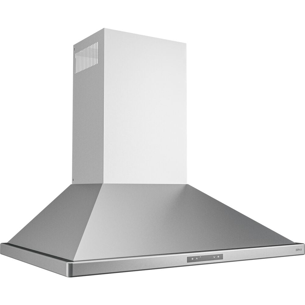 Stainless steel wall mounted chimney hood with sleek pyramid shape and LED controls from kitchen appliances collection