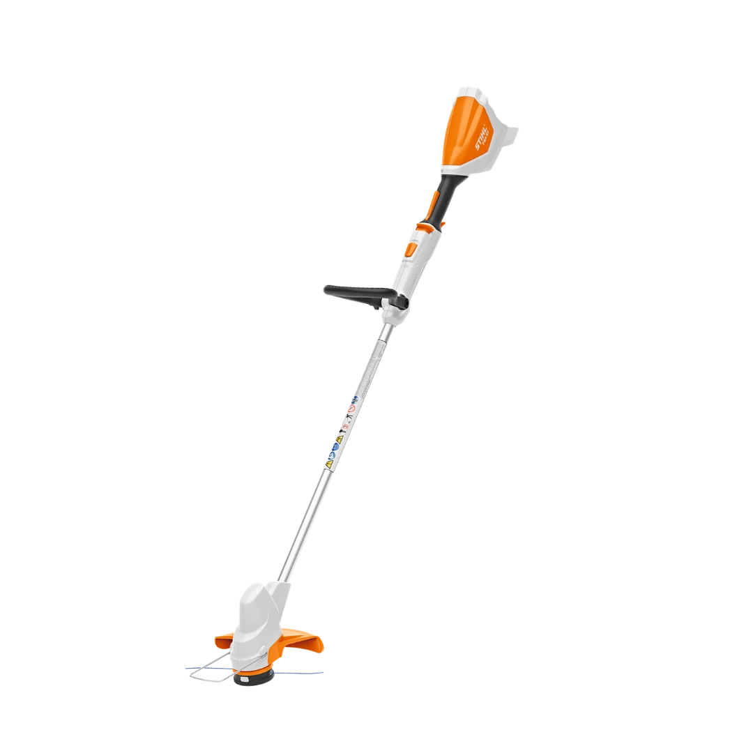 Cordless orange and white battery-powered grass trimmer with adjustable handle for home improvement tasks