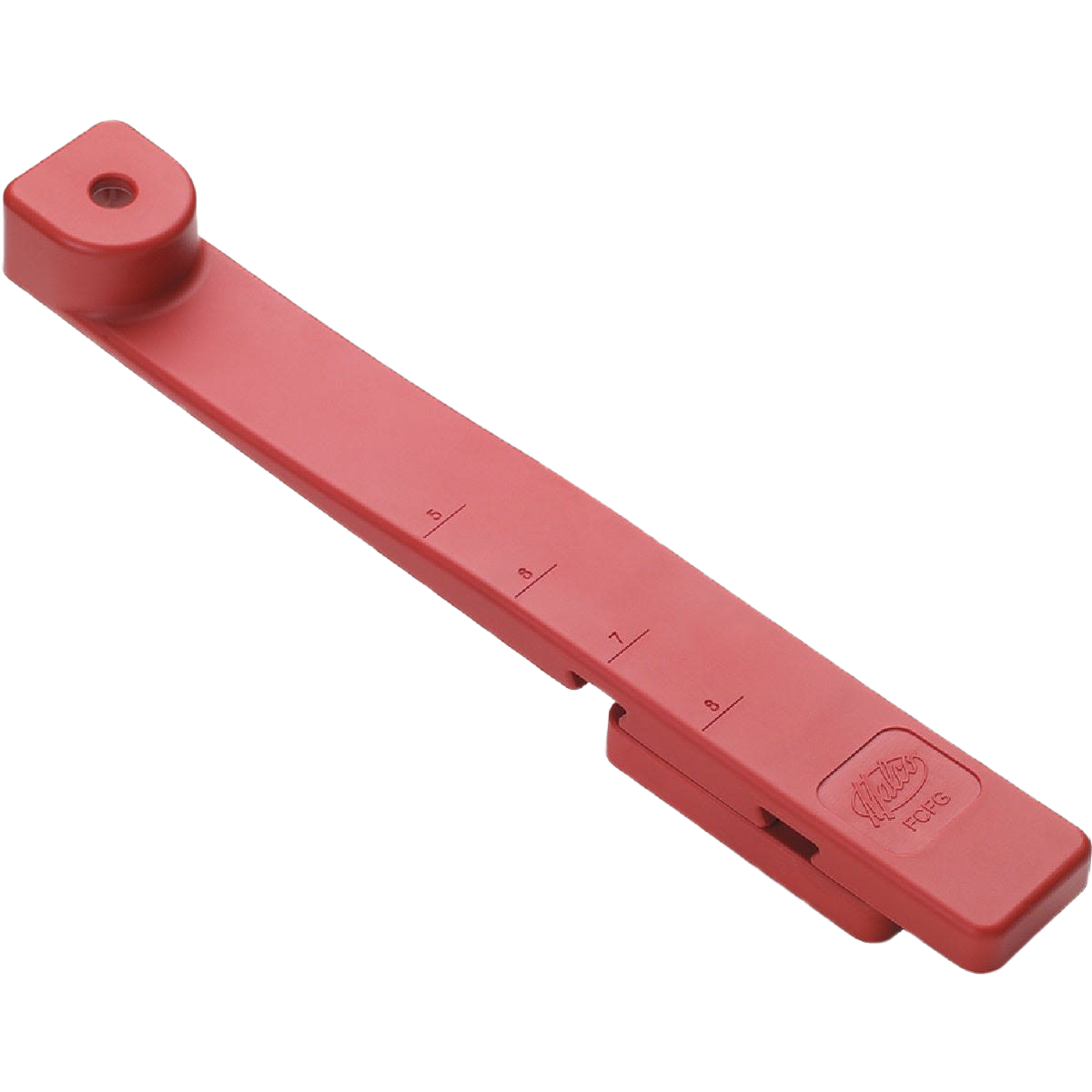 Adjustable red fiber cement siding gauge with measurement markings for precise exposure in siding and woodworking tools.